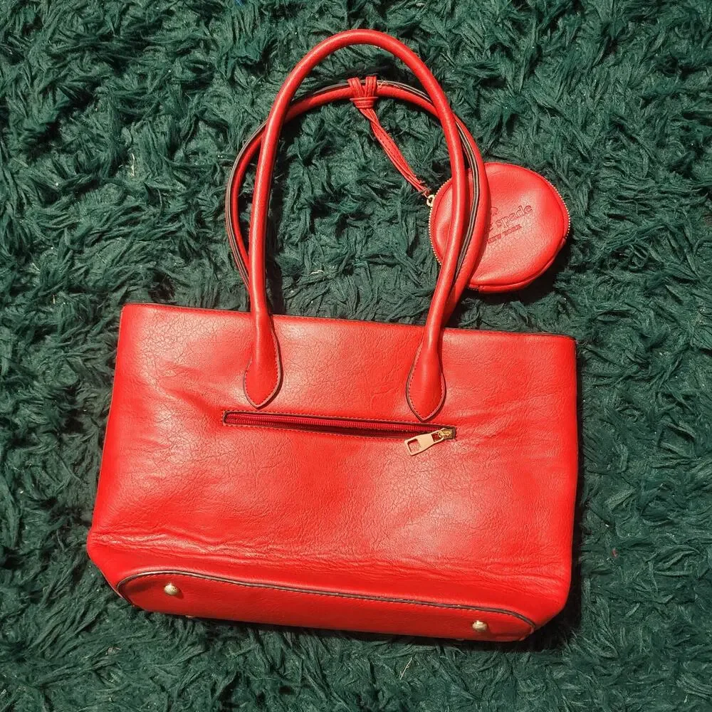 Kate Spade Red Leather Tote Bag with Coin Pouch Leopard Lining Shoulder Purse